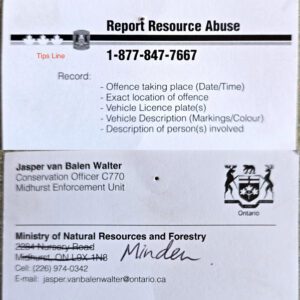 A business card for MNRF conservation office, Jasper van Balen Walter.
