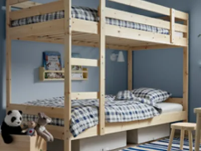 IKEA product listing: the MYDAL bunk bed set up in a room