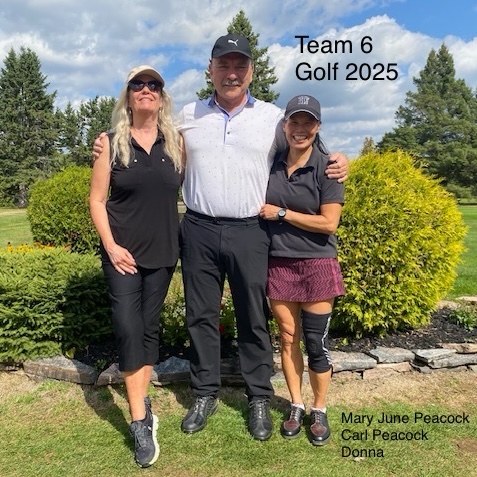 Three golfers that make up team 6 pose with clubs in hand.